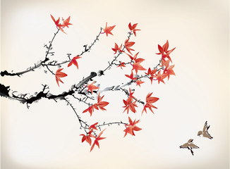 ink style maple leaves