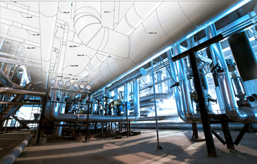 Wall Mural - Sketch of piping design mixed with industrial equipment photos