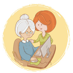 Granny learns the computer use with help of girl