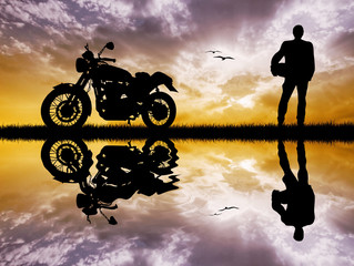 Poster - motorcyclist at sunset