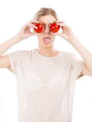 Poster - Beaitiful woman with tomatos in front of the face