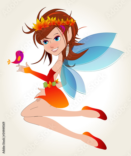 Naklejka na drzwi Cute autumn fairy with bird