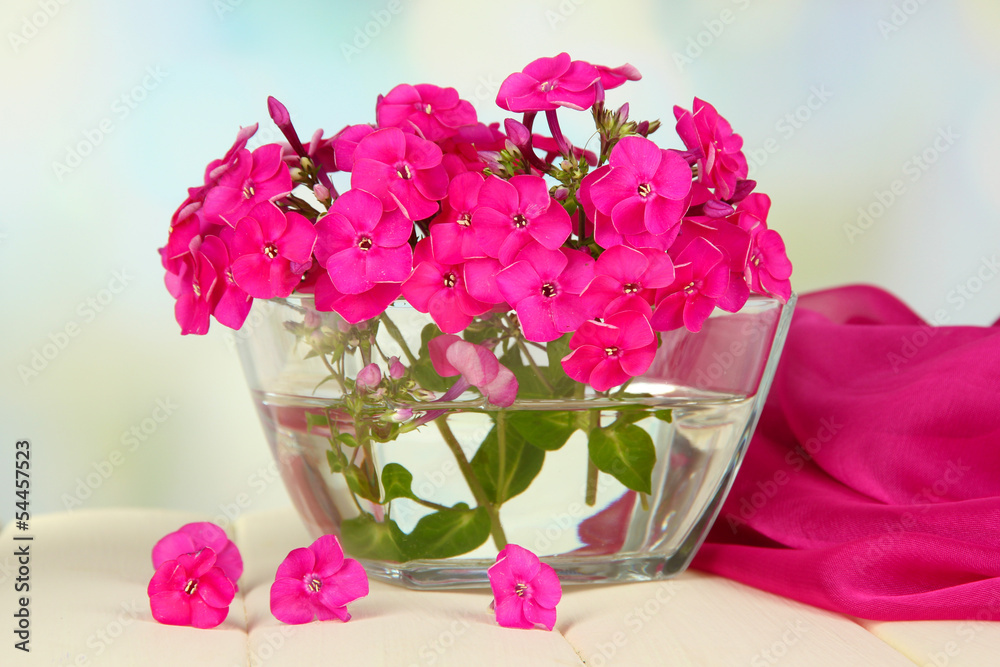 Beautiful bouquet of phlox in bowl on table on light background
