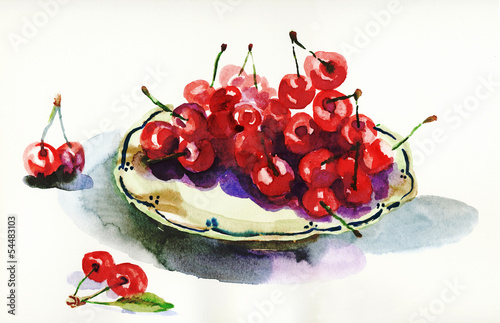 Naklejka dekoracyjna Cherries. An hand drawn illustration - watercolors technique