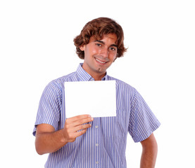 Wall Mural - Smiling young adult holding a blank card.