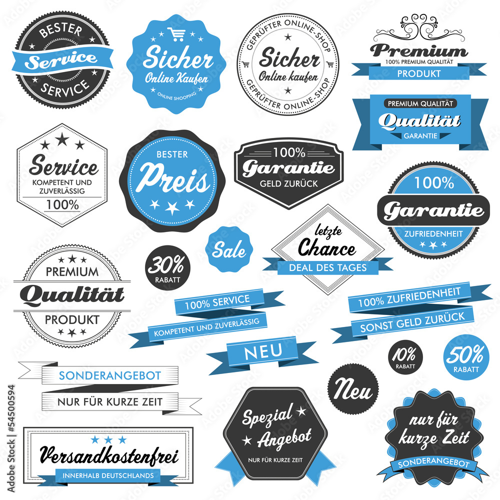 Button Siegel Premium Set Angebot Sale Service Shop Logo blau - obrazy, fototapety, plakaty 