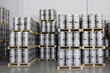 Pallets of beer kegs in stock brewery