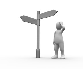 Lost white human representation looking at blank signpost