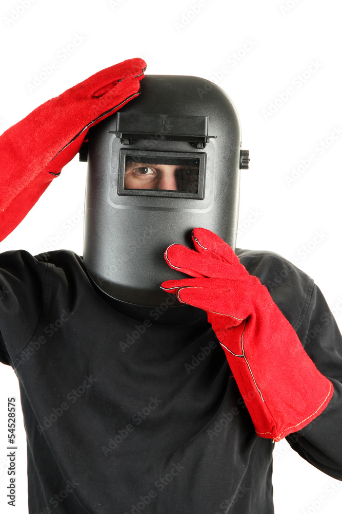 Portrait of  welder in mask, isolated on white