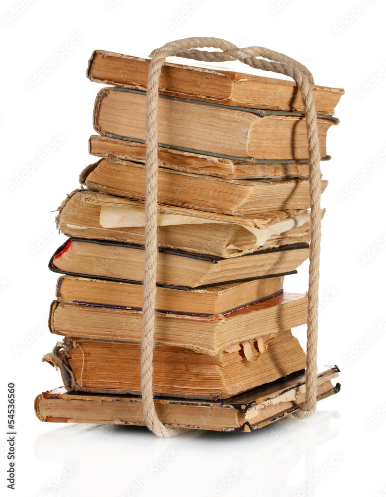 Old books are bound rope isolated on white