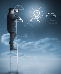 Poster - Businessman on a ladder using binoculars