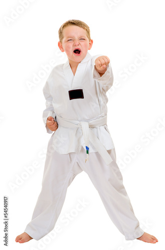 Photo Child practicing his taekwondo moves isolated on white