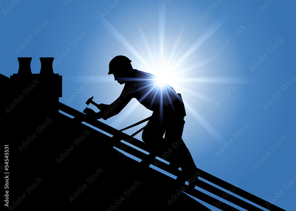 Métier du bâtiment avec un couvreur sur le toit d’une maison qui pose des tuiles. Accroupi sur une charpente, il travail sous une chaleur accablante. - obrazy, fototapety, plakaty 