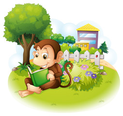 Aufkleber - A monkey reading a book near the plants with flowers
