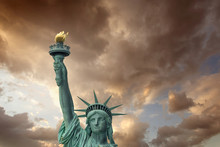 The Statue Of Liberty - New York City. Front View With Beautiful