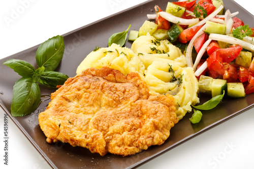 Naklejka - mata magnetyczna na lodówkę Pork chops, mashed potatoes and vegetable salad