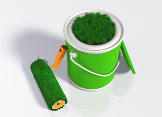 Poster - paint roller and a grassy colored pot