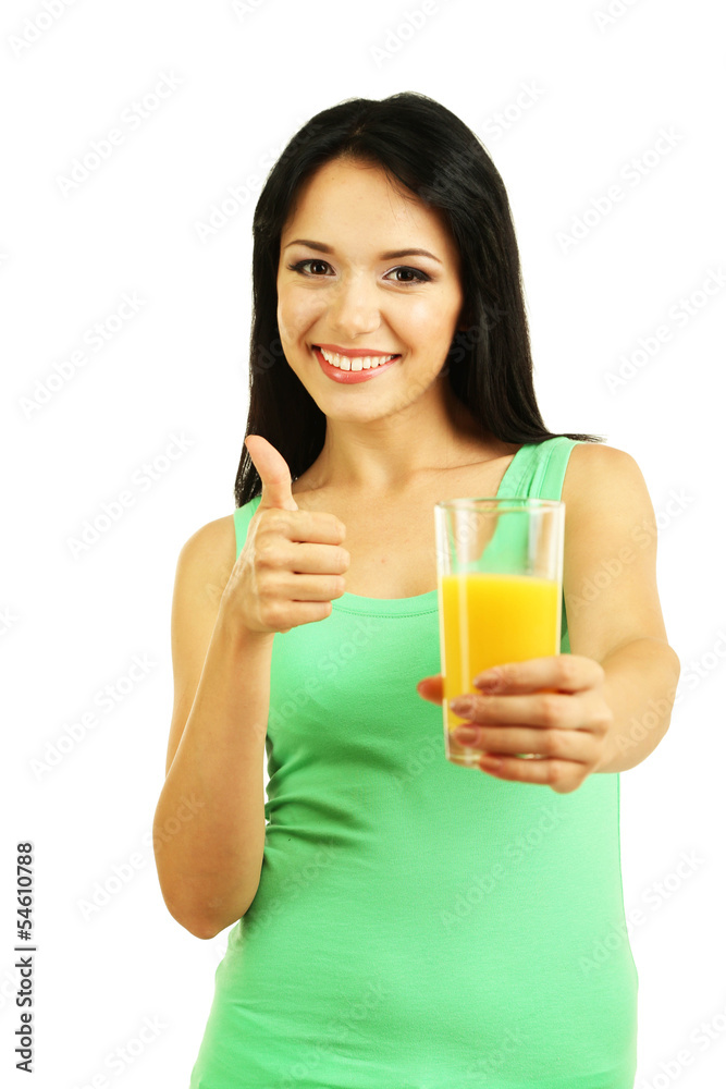 Girl with fresh orange juice isolated on white