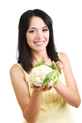 Wall Mural - Girl with fresh cauliflower isolated on white