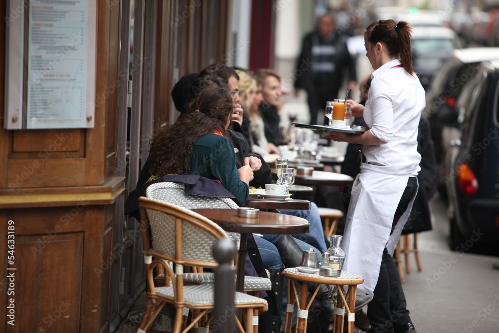 Parisians and tourist enjoy eat and drinks - obrazy, fototapety, plakaty 