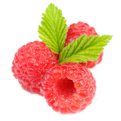 Poster - Red Raspberries with Green Leaves Isolated on White Background