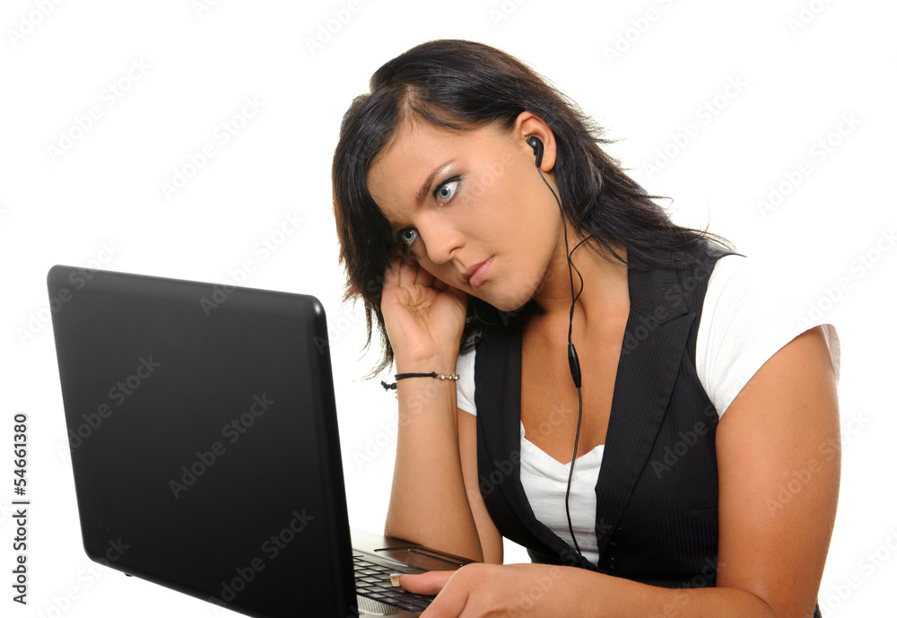 Young woman with laptop and earphones. - obrazy, fototapety, plakaty 