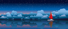 Sailing Boat In A Sea And Night Sky