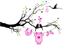 Baby Girl With Birds On Tree, Vector