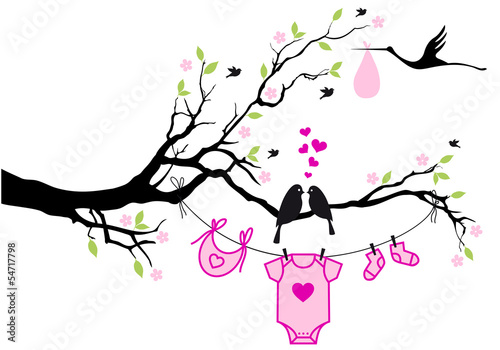 Obraz w ramie baby girl with birds on tree, vector