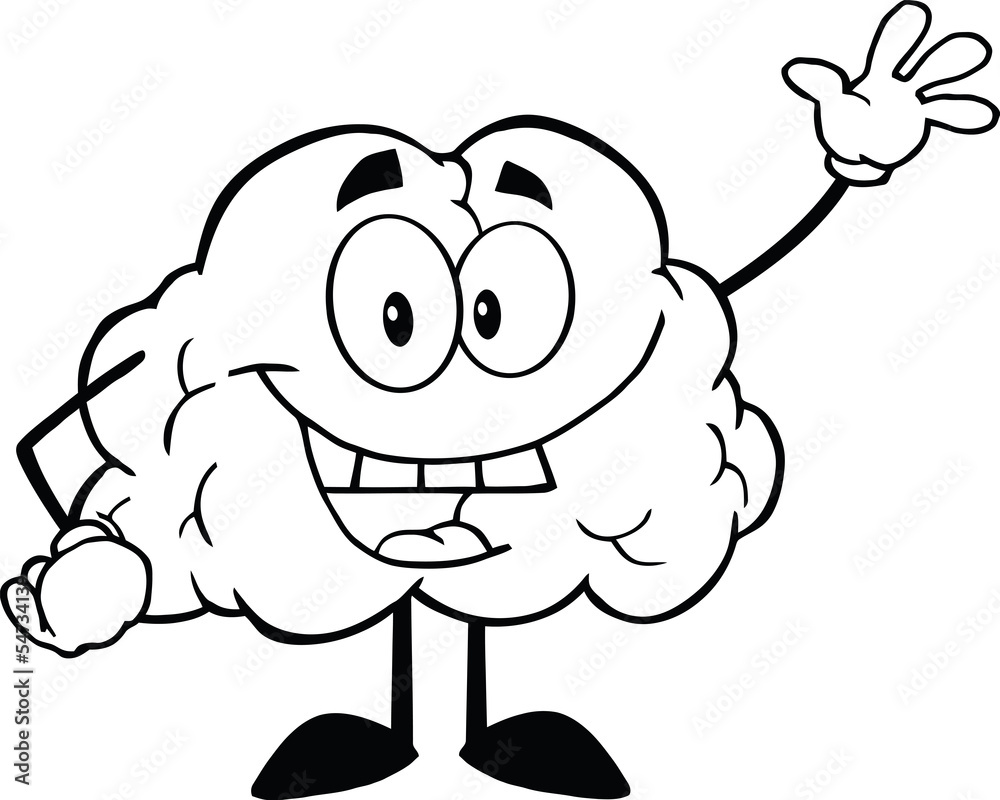 Outlined Happy Brain Cartoon Character Waving For Greeting Stock Vector ...