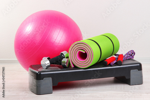 Obraz w ramie Different tools for fitness in room