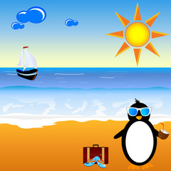 Wall Mural - penguin with coconut milk on the paradise beach vector