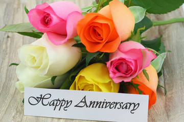 Wall Mural - Happy Anniversary note with colorful roses