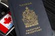 Closeup of Canadian passport sitting on suitcase