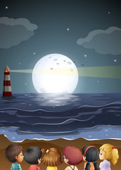 Wall Mural - Kids watching the fullmoon at the beach