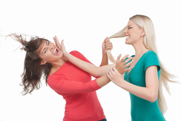 Women fighting. Two furious women fighting while standing isolat