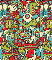 Seamless Hipster Doodle Monster Collage Pattern