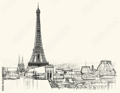 Obraz w ramie Eiffel tower over roofs of Paris