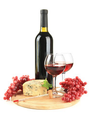 Fototapete - Wine, tasty blue cheese and grape, isolated on white