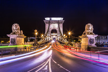 Night View Of The Famous Chain Bridge In Budapest, Hungary. The