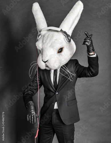 Naklejka na szybę Rabbit Dj in balck suit on dark background