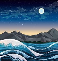 Canvas Print - Sea with waves and night sky.