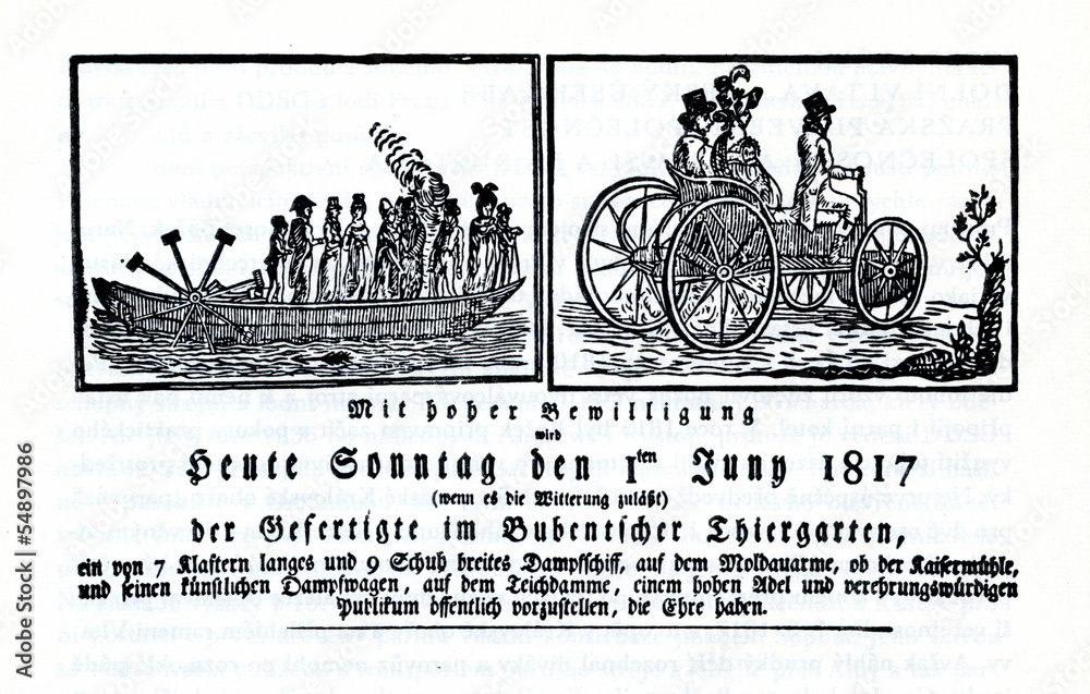 Steamboat and steam automobile (Josef Božek, 1817) - obrazy, fototapety, plakaty 