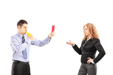 Sticker - Young businessman blowing a wistle and showing a red card