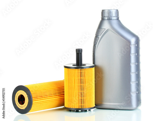 Fotografie, Obraz Car oil filters and motor oil can isolated on white