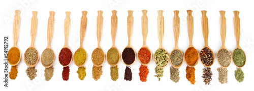 Naklejka na meble Assortment of spices in wooden spoons, isolated on white