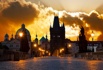 Wall Mural - sunrise over Prague - look from Charles (Karluv) bridge