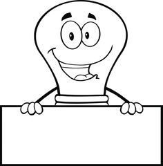 Outlined Light Bulb Cartoon Character Over Blank Sign