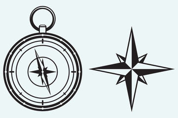 Poster - Black wind rose and compass isolated on blue background