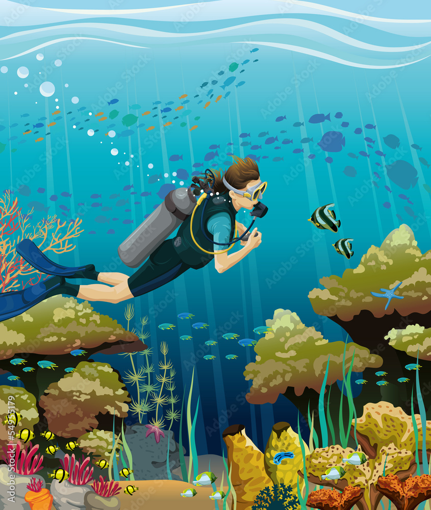 Scuba diver and coral reef Stock Vector | Adobe Stock